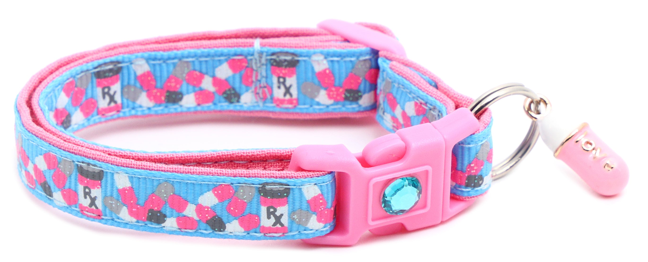 Handmade Pills Breakaway Cat Collar in reinforced cotton with adjustable sizes and breakaway clip for safety.